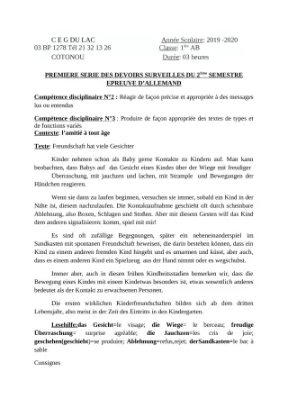 Première page de Allemand 1ère A2, 1ère B — 1er devoir surveillé, 2e semestre (2019-2020) · CEG du Lac