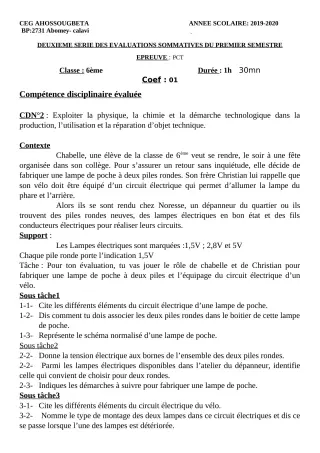 Première page de PCT 6e — 2e évaluation sommative, 1er semestre (2019-2020) · CEG Ahossougbéta