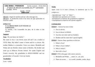 Première page de Anglais 6e — 1er devoir surveillé, 2e semestre (2019-2020) · CEG BAKA