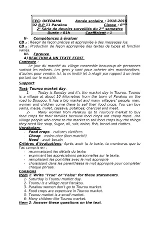 Première page de Anglais 6e — 2e devoir surveillé, 2e semestre (2018-2019) · CEG OKEDAMA