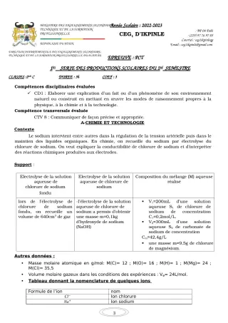 Première page de PCT 2nde C — 1re production scolaire, 2e semestre (2022-2023) · CEG1 Ikpinlè