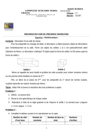 Première page de Mathématiques 5e — 1er devoir surveillé, 1er trimestre (2019-2020) · CPEG MARIA GRACIA