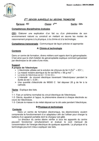 Première page de PCT 3e — 2e devoir surveillé, 2e trimestre (2019-2020) · CPEG ROSAIRE