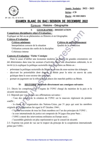 Première page de Bac 2026 – Histoire-Géographie Séries CD, Bac blanc décembre 2025 (tertiaire au Bénin, ONU et coopération internationale)