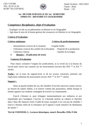 Première page de Histoire-Géographie 3e — 1er devoir surveillé, 1er semestre (2023-2024) · CEG Yagbe