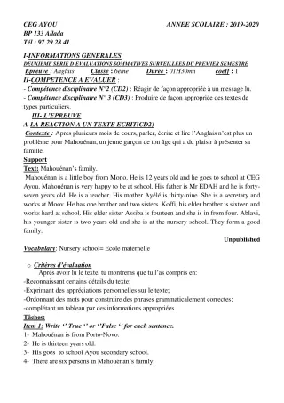 Première page de Anglais 6e — Évaluation sommative, 1er semestre (2019-2020) · CEG AYOU