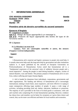 Première page de Anglais Tle A1, Tle C — 1er devoir surveillé, 2e semestre (2020-2021) · CEG Agassa Godomey