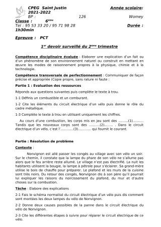 Première page de PCT 6e, 5e — 1er devoir surveillé, 2e trimestre (2021-2022) · CPEG SAINT Justin