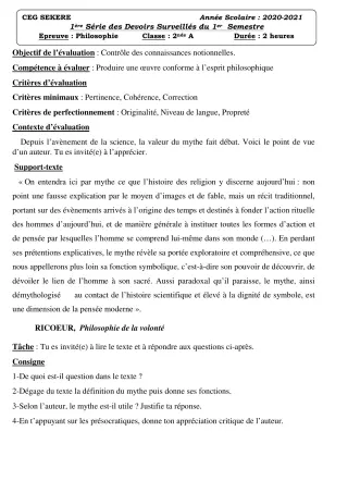 Première page de Philosophie 2nde A2 — 1er devoir surveillé (2020-2021) · CEG SEKERE