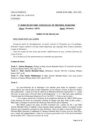Première page de Français 1ère A2, 1ère B, 1ère C, 1ère D — 1er devoir surveillé, 1er semestre (2021-2022) · CEG LE NOKOUE