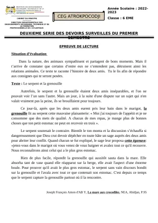 Première page de Français 6e, 5e, 4e, 3e — 2e devoir surveillé, 1er semestre (2022-2023) · CEG ATROKPOCODJI