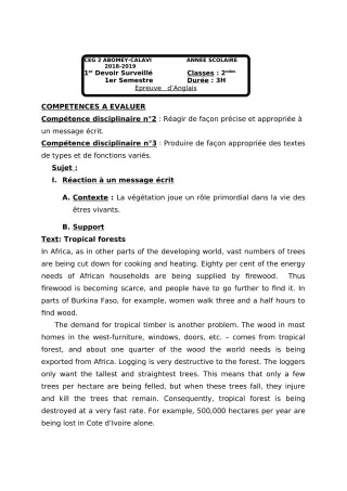 Première page de Anglais 2nde A, 2nde B, 2nde C, 2nde D — 1er devoir surveillé, 1er semestre (2018-2019) · CEG2 ABOMEY - CALAVI (CEG ZOCA)