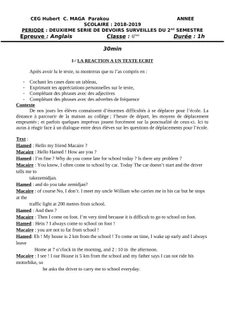 Première page de Anglais 6e — 2e devoir surveillé, 2e semestre (2018-2019) · CEG Hubert C. MAGA