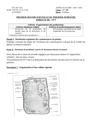 Première page de SVT 2nde A, 2nde B — 1er devoir surveillé, 1er semestre (2019-2020) · CEG du Lac