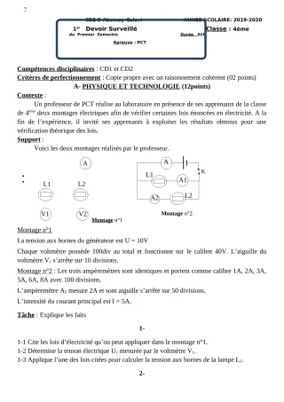 Première page de PCT 4e — Devoir surveillé, 1er semestre (2018-2019) · CEG2 ABOMEY - CALAVI (CEG ZOCA)