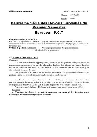 Première page de PCT 1ère C, 1ère D — 2e devoir surveillé, 1er semestre (2018-2019) · CEG Agassa Godomey