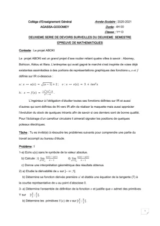 Première page de Mathématiques 1ère D — 2e devoir surveillé, 2e semestre (2020-2021) · CEG Agassa Godomey