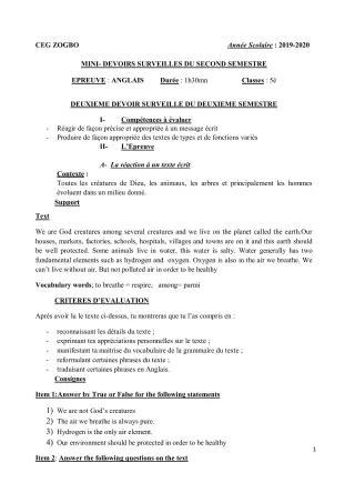 Première page de Anglais 5e — Devoir surveillé, 2e semestre (2019-2020) · CEG ZOGBO