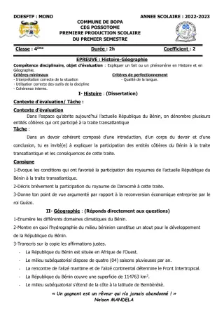 Première page de Histoire-Géographie 4e — 1re production scolaire, 1er semestre (2022-2023) · CEG POSSOTOME