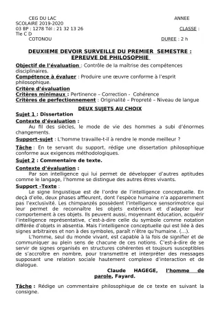 Première page de Philosophie Tle C, Tle D — 2e devoir surveillé, 1er semestre (2019-2020) · CEG du Lac