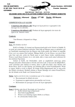 Première page de Allemand 3e ML, 2nde A1, 2nde B, 1ère A2, 1ère B — 2e évaluation sommative, 1er semestre (2019-2020) · CEG Dantokpa