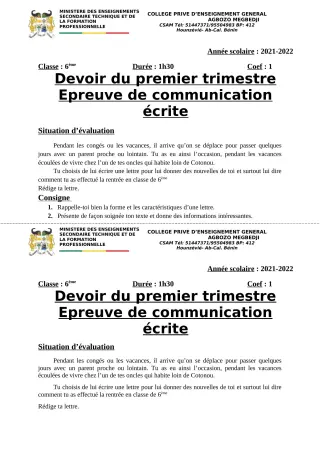 Première page de Français 6e, 5e, 4e, 4e ML, 3e, 3e ML — 1er devoir surveillé, 1er trimestre (2021-2022) · CPEG AGBOZO MEGBEDJI