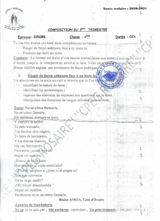 Première page de Espagnol 4e — 1re composition, 3e trimestre (2020-2021) · CPEG ROSAIRE