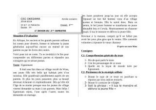 Première page de Français 6e — 1er devoir surveillé, 2e semestre (2018-2019) · CEG OKEDAMA