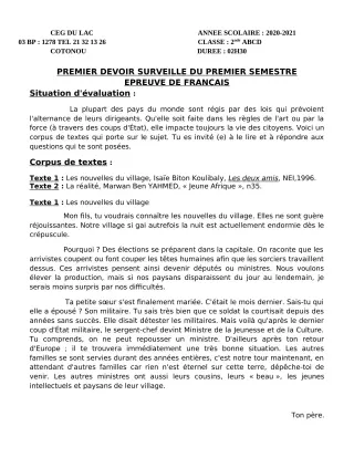 Première page de Français 2nde A, 2nde B, 2nde C, 2nde D, 1ère A2 — 1er devoir surveillé, 1er semestre (2020-2021) · CEG du Lac