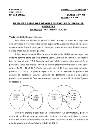 Première page de Mathématiques 2nde A2, 2nde B — 1er devoir surveillé, 1er semestre (2021-2022) · CEG PAHOU