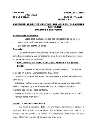 Première page de Espagnol Tle A1, Tle A2, Tle B — 1er devoir surveillé, 1er semestre (2021-2022) · CEG PAHOU