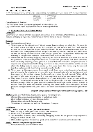 Première page de Anglais 2nde A2, 2nde B, 1ère A2, Tle A2, Tle B — Évaluation sommative, 1er semestre (2019-2020) · CEG HOUEGBO