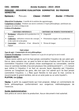 Première page de Philosophie 2nde A2 — 2e évaluation sommative, 1er semestre (2023-2024) · CEG SEKERE