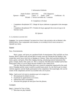 Première page de Anglais 5e — 2e devoir surveillé, 1er semestre (2018-2019) · CEG Gbegourou