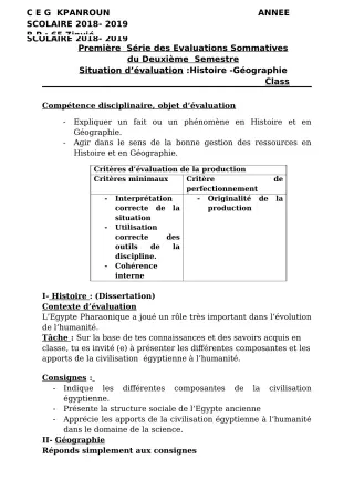 Première page de Histoire-Géographie 2nde D — 1re évaluation sommative, 2e semestre (2018-2019) · CEG Kpanroun