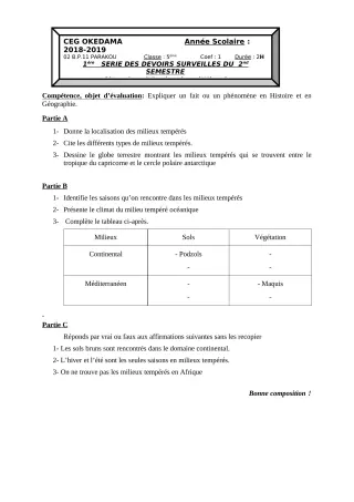 Première page de Histoire-Géographie 5e — Devoir surveillé, 2e semestre (2018-2019) · CEG OKEDAMA