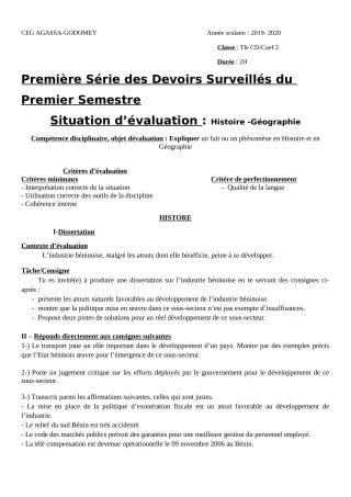 Première page de Histoire-Géographie Tle C, Tle D — 1er devoir surveillé, 1er semestre (2019-2020) · CEG Agassa Godomey
