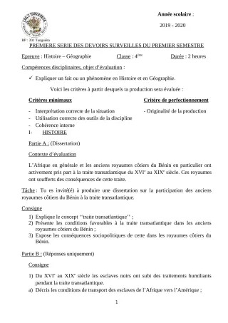 Première page de Histoire-Géographie 4e ML&MC — 1er devoir surveillé, 1er semestre (2019-2020) · CEG2 TANGUIETA