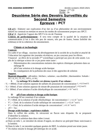 Première page de PCT 2nde C, 2nde D — 2e devoir surveillé, 2e semestre (2020-2021) · CEG Agassa Godomey