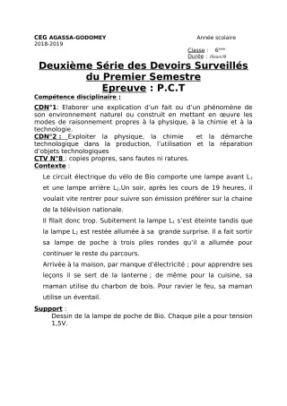 Première page de PCT 6e — 2e devoir surveillé, 1er semestre (2018-2019) · CEG Agassa Godomey