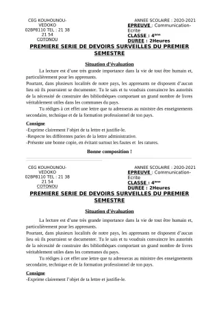 Première page de Français 4e, 4e ML — 1er devoir surveillé, 1er semestre (2020-2021) · CEG Kouhounou-Vêdoko