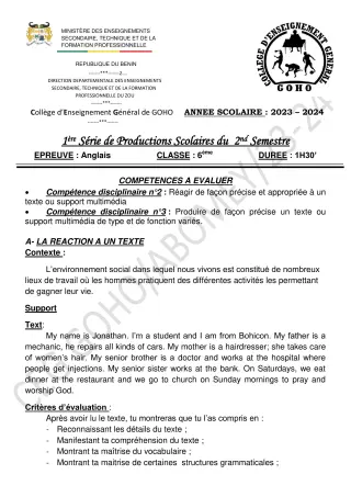 Première page de Anglais 6e — 1re production scolaire, 2e semestre (2023-2024) · CEG GOHO