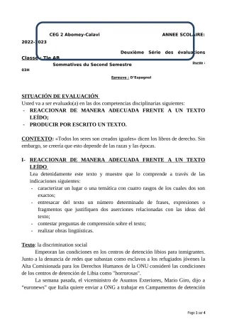 Première page de Espagnol Tle B — 2e semestre (2022-2023) · CEG2 ABOMEY - CALAVI (CEG ZOCA)