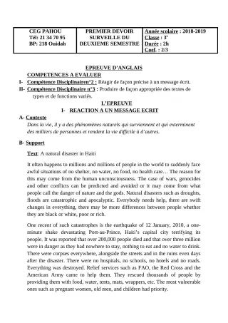 Première page de Anglais 3e, 3e ML — 1er devoir surveillé, 2e semestre (2018-2019) · CEG PAHOU