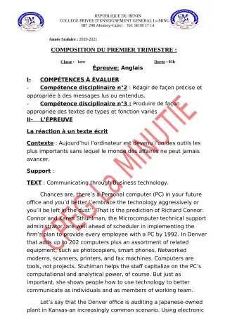 Première page de Anglais 1ère B, 1ère D — 1re composition, 1er trimestre (2020-2021) · CPEG La Minutie