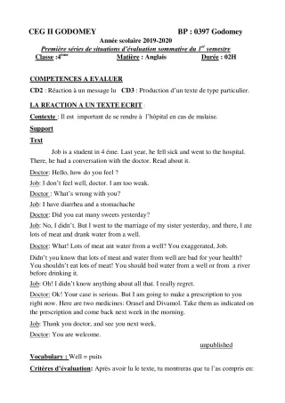 Première page de Anglais 4e, 4e ML, 4e ML&MC — Évaluation sommative, 1er semestre (2019-2020) · CEG2 Godomey