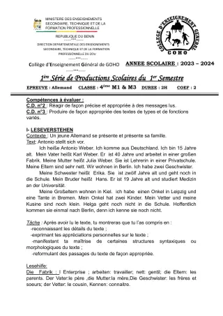 Première page de Allemand 4e — 1re production scolaire, 1er semestre (2023-2024) · CEG GOHO