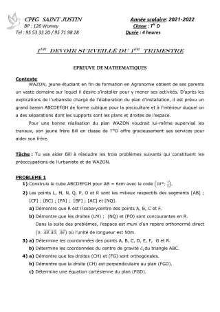 Première page de Mathématiques Tle D — 1er devoir surveillé, 1er trimestre (2021-2022) · CPEG SAINT Justin