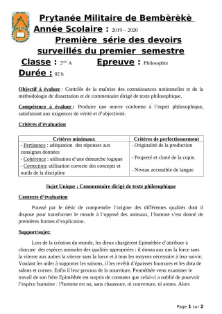 Première page de Philosophie 2nde A2 — 1er devoir surveillé, 1er semestre (2019-2020) · PMB