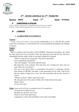 Première page de Anglais 5e — 2e devoir surveillé, 3e trimestre (2019-2020) · CPEG ROSAIRE